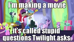 Size: 854x480 | Tagged: safe, edit, edited screencap, screencap, character:cherry berry, character:daisy, character:discord, character:twilight sparkle, character:twilight sparkle (alicorn), species:alicorn, species:earth pony, species:pony, episode:celestial advice, g4, my little pony: friendship is magic, balloon, boom mic, cap, clothing, film camera, gift wrapped, hat, headphones, horn, image macro, meme, microphone, spotlight, stage light, the fairly oddparents, wings