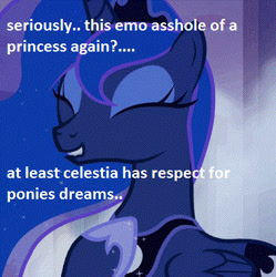 Size: 380x381 | Tagged: safe, edit, edited screencap, screencap, character:princess luna, abuse, drama bait, emo, female, image macro, luna hate, lunabuse, meme, op is a duck, op is trying to start shit, solo, vulgar