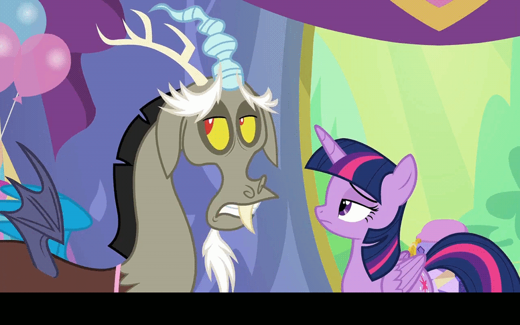 Size: 1024x640 | Tagged: safe, edit, screencap, character:discord, character:twilight sparkle, character:twilight sparkle (alicorn), species:alicorn, species:pony, episode:celestial advice, g4, my little pony: friendship is magic, animated, balloon, caption, crossed arms, eyes closed, freeze frame, frown, gif, pouting, smiling, smuglight sparkle, text, twilight's castle