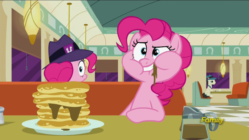 Size: 800x450 | Tagged: safe, edit, edited screencap, screencap, character:pinkie pie, episode:the saddle row review, g4, my little pony: friendship is magic, animated, callback, clone, discovery family logo, eating, faec, food, frown, gif, grin, hoof hold, looking at you, looking back, lucky breaks, pancakes, pinkie clone, puffy cheeks, reversed, smiling, smirk, syrup, wide eyes