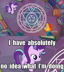 Size: 1280x1440 | Tagged: safe, edit, edited screencap, screencap, character:starlight glimmer, character:sunburst, species:pony, episode:celestial advice, g4, my little pony: friendship is magic, book, i have no idea what i'm doing, magic, magic circle, summoning circle, what could possibly go wrong