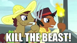 Size: 1280x720 | Tagged: safe, edit, edited screencap, screencap, episode:appleoosa's most wanted, g4, my little pony: friendship is magic, background pony, beauty and the beast, beuford, clothing, hat, hoof hold, image macro, mccree, meme, pitchfork, torch