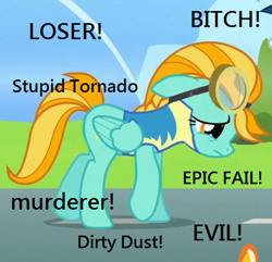 Size: 470x454 | Tagged: safe, edit, edited screencap, screencap, character:lightning dust, species:pegasus, species:pony, abuse, background pony strikes again, downvote bait, dustabuse, edgy, female, image macro, lightning dust drama, meme, op is a duck, op is trying to start shit, sad, solo, text, vulgar