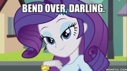 Size: 600x337 | Tagged: safe, edit, edited screencap, screencap, character:rarity, episode:player piano, g4, my little pony: equestria girls, my little pony:equestria girls, bend over, image macro, meme