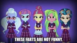 Size: 888x499 | Tagged: safe, edit, edited screencap, screencap, character:indigo zap, character:lemon zest, character:sour sweet, character:sugarcoat, character:sunny flare, my little pony:equestria girls, implied farting, meme, shadow five