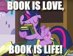 Size: 830x636 | Tagged: safe, edit, edited screencap, screencap, character:twilight sparkle, character:twilight sparkle (alicorn), species:alicorn, species:pony, episode:princess spike, g4, my little pony: friendship is magic, book, bookhorse, floppy ears, hug, image macro, meme, shrek is love shrek is life, that pony sure does love books