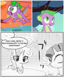 Size: 545x660 | Tagged: safe, edit, edited screencap, screencap, character:rarity, character:spike, character:sweetie belle, species:dragon, species:pony, species:unicorn, episode:a dog and pony show, episode:the return of harmony, g4, my little pony: friendship is magic, comic, dialogue, female, filly, grayscale, innocent innuendo, male, many many pony, mare, meme, monochrome, mug, screencap comic, spit take, table, text