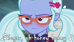 Size: 848x478 | Tagged: safe, edit, edited screencap, screencap, character:sugarcoat, equestria girls:friendship games, g4, my little pony: equestria girls, my little pony:equestria girls, annoyed, blushing, edited edit, female, lyrics, music, music notes, pigtails, reference, solo, song reference, sugar sugar, sugarcoat is not amused, text, the archies, tsundere, tsunderecoat, twintails, unamused