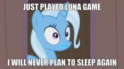 Size: 1280x720 | Tagged: safe, edit, edited screencap, screencap, character:trixie, species:pony, image macro, luna game, meme, trixie yells at everything