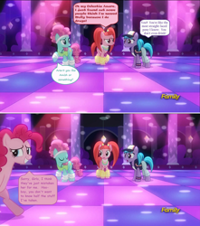 Size: 960x1084 | Tagged: safe, edit, edited screencap, screencap, character:azure velour, character:pacific glow, character:pinkie pie, species:pony, episode:the saddle row review, g4, my little pony: friendship is magic, amish, comic, comic sans, drugs, flashdancer, screencap comic, text