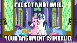Size: 600x337 | Tagged: safe, edit, edited screencap, screencap, character:princess cadance, character:shining armor, species:alicorn, species:pony, species:unicorn, episode:the one where pinkie pie knows, g4, my little pony: friendship is magic, image macro, meme, your argument is invalid
