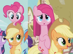 Size: 1265x937 | Tagged: safe, edit, edited screencap, screencap, character:applejack, character:pinkamena diane pie, character:pinkie pie, character:rainbow dash, character:rarity, character:twilight sparkle, episode:a friend in deed, episode:magical mystery cure, g4, my little pony: friendship is magic, ponies riding ponies, swapped cutie marks