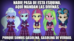 Size: 888x499 | Tagged: safe, edit, edited screencap, screencap, character:indigo zap, character:lemon zest, character:sour sweet, character:sugarcoat, character:sunny flare, my little pony:equestria girls, meme, patito feo, shadow five, song reference, spanish, translated in the comments, translation request