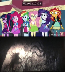 Size: 864x951 | Tagged: safe, edit, edited screencap, screencap, character:fluttershy, character:pinkie pie, character:rainbow dash, character:rarity, character:sunset shimmer, character:twilight sparkle, character:twilight sparkle (scitwi), species:eqg human, episode:get the show on the road, eqg summertime shorts, g4, my little pony: equestria girls, my little pony:equestria girls, spoilers for another series, cave painting, end credits, godzilla, godzilla (series), godzilla 2014, godzilla: king of the monsters 2019, kaiju, king ghidorah, king ghidorah 2019, kong: skull island, monsterverse, obligatory pony, watermark