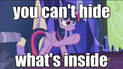 Size: 1920x1080 | Tagged: safe, edit, edited screencap, screencap, character:twilight sparkle, character:twilight sparkle (alicorn), species:alicorn, species:pony, episode:what about discord?, g4, my little pony: friendship is magic, angry, discovery family logo, female, image macro, meme, no weenies allowed, pointing, solo, spongebob squarepants