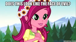 Size: 600x337 | Tagged: safe, edit, edited screencap, screencap, character:gloriosa daisy, equestria girls:legend of everfree, g4, my little pony: equestria girls, my little pony:equestria girls, blatant lies, cute, daisybetes, dawwww, face of mercy, floral head wreath, flower, image macro, meme, no, solo