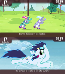 Size: 640x720 | Tagged: safe, edit, edited screencap, screencap, character:lilac sky, character:soarin', character:spring step, character:sunlight spring, species:pony, episode:rainbow falls, g4, my little pony: friendship is magic, caption, cinemare sins, clothing, sin, skirt