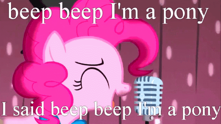 Size: 762x427 | Tagged: safe, edit, edited screencap, screencap, character:pinkie pie, species:earth pony, species:pony, episode:pinkie pride, g4, my little pony: friendship is magic, >:), animated, asdfmovie, beep beep, beep beep i'm a sheep (lildeucedeuce feat. tomska & black gryph0n), bow tie, clothing, eyes closed, female, gif, happy, hat, image macro, mare, meme, microphone, rhyme fail, singing, smiling, tomska, top hat, youtube link