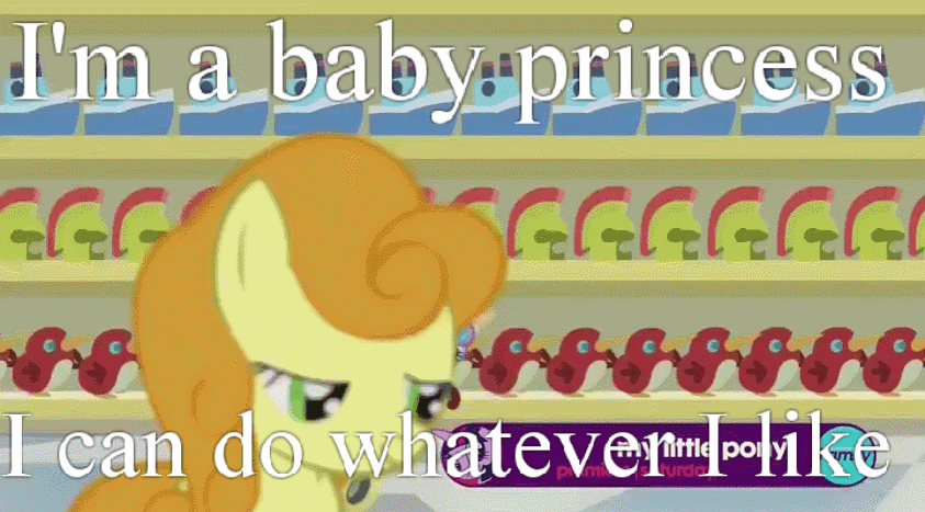 Size: 843x467 | Tagged: safe, edit, edited screencap, screencap, character:carrot top, character:cherry berry, character:golden harvest, character:princess flurry heart, species:earth pony, species:pegasus, species:pony, episode:a flurry of emotions, g4, my little pony: friendship is magic, animated, cute, eyes closed, female, flurrybetes, foal, frown, gif, image macro, looking back, mare, meme, open mouth, race swap, shopping cart, smiling, supermarket