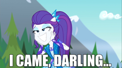 Size: 1100x618 | Tagged: safe, edit, edited screencap, screencap, character:rarity, equestria girls:legend of everfree, g4, my little pony: equestria girls, my little pony:equestria girls, caption, darling, i came, image macro, impact font, implied orgasm, jewelry, meme, mountain, ponied up, sparkles, super ponied up, text, tree