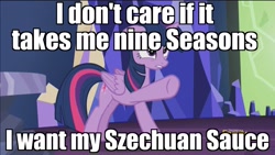 Size: 1920x1080 | Tagged: safe, edit, edited screencap, screencap, character:twilight sparkle, character:twilight sparkle (alicorn), species:alicorn, species:pony, episode:what about discord?, g4, my little pony: friendship is magic, angry, discovery family logo, female, image macro, mcdonald's, meme, pointing, rick and morty, solo, szechuan sauce