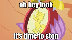 Size: 1054x592 | Tagged: safe, edit, edited screencap, screencap, character:spike, species:dragon, episode:owl's well that ends well, g4, my little pony: friendship is magic, alarm clock, clock, image macro, it's time to stop, male, meme, reaction image, solo