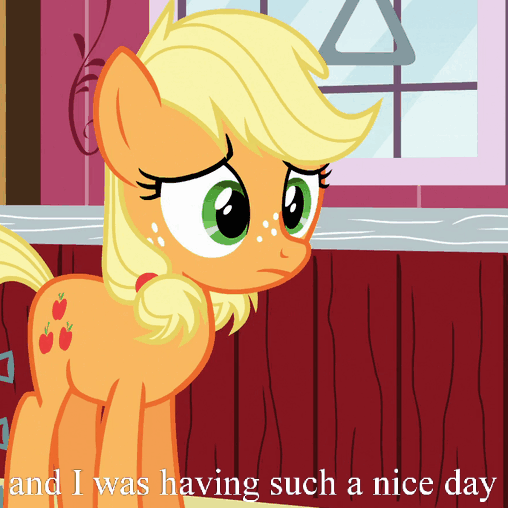 Size: 508x508 | Tagged: safe, edit, edited screencap, screencap, character:applejack, character:big mcintosh, species:earth pony, species:pony, episode:where the apple lies, g4, my little pony: friendship is magic, animated, blinking, doctor who, floppy ears, gif, image macro, male, meme, reaction image, sad, stallion, teenage applejack, teenager