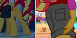 Size: 1164x576 | Tagged: safe, edit, edited screencap, screencap, character:applejack, character:sunset shimmer, equestria girls:equestria girls, equestria girls:legend of everfree, g4, my little pony: equestria girls, my little pony:equestria girls, ass, bag, boots, bunset shimmer, camp everfree outfits, clothing, cowboy boots, embrace the magic, lake, mountain, plot, shorts, sparkles, tree