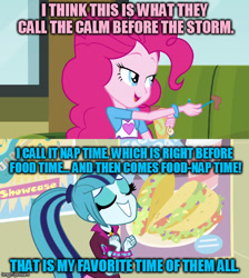 Size: 500x557 | Tagged: safe, edit, edited screencap, screencap, character:pinkie pie, character:sonata dusk, equestria girls:rainbow rocks, g4, my little pony: equestria girls, my little pony:equestria girls, bracelet, couch, eyes closed, food, imgflip, jewelry, lidded eyes, meme, michael j caboose, milkshake, private franklin delano donut, red vs blue, rvb, spikes, straw, taco