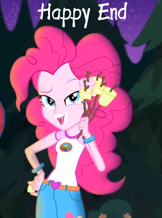 Size: 536x720 | Tagged: safe, edit, screencap, character:pinkie pie, equestria girls:legend of everfree, g4, my little pony: equestria girls, my little pony:equestria girls, animated, bracelet, camp everfree outfits, food, gif, hand on hip, heart, jewelry, looking at you, marshmallow