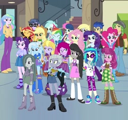 Size: 542x509 | Tagged: safe, edit, edited screencap, screencap, character:applejack, character:bon bon, character:cheerilee, character:derpy hooves, character:dj pon-3, character:flash sentry, character:fluttershy, character:fuchsia blush, character:lavender lace, character:limestone pie, character:lyra heartstrings, character:marble pie, character:microchips, character:octavia melody, character:pinkie pie, character:princess celestia, character:principal celestia, character:rainbow dash, character:rarity, character:sandalwood, character:starlight glimmer, character:sunset shimmer, character:sweetie drops, character:trixie, character:vinyl scratch, equestria girls:friendship games, g4, my little pony: equestria girls, my little pony:equestria girls, boots, bow tie, bracelet, clothing, cowboy boots, cropped, crossed arms, equestria girls-ified, eyes closed, flower, glasses, headphones, high heel boots, ipod, jacket, jewelry, lockers, mary janes, shoes, sneakers, socks, stairs, wristband