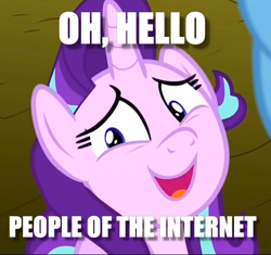 Size: 736x692 | Tagged: safe, edit, edited screencap, screencap, character:starlight glimmer, species:pony, species:unicorn, episode:no second prances, g4, my little pony: friendship is magic, abashed, breaking the fourth wall, cropped, female, fourth wall, hello, image macro, looking at you, mare, meme, open mouth, smiling, solo, surprised, talking, uncertain