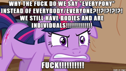 Size: 610x343 | Tagged: safe, edit, edited screencap, screencap, character:twilight sparkle, species:pony, species:unicorn, angry, excessive exclamation marks, image macro, meme, mouthpiece, question, unintentionally hilarious, vulgar