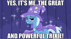 Size: 625x351 | Tagged: safe, edit, edited screencap, screencap, character:trixie, species:pony, species:unicorn, episode:boast busters, g4, my little pony: friendship is magic, cape, clothing, female, hat, meme, solo, text, trixie's cape, trixie's hat