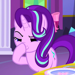 Size: 600x600 | Tagged: safe, edit, edited screencap, screencap, character:starlight glimmer, species:pony, species:unicorn, episode:no second prances, g4, my little pony: friendship is magic, boop, creepy, cropped, empty eyes, female, glimmerposting, lidded eyes, no catchlights, raised eyebrow, self-boop, smiling, smirk, solo
