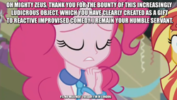 Size: 1136x640 | Tagged: safe, edit, screencap, character:mystery mint, character:pinkie pie, character:sunset shimmer, equestria girls:friendship games, g4, my little pony: equestria girls, my little pony:equestria girls, ashens, bracelet, image macro, jewelry, meme, necktie, pinkie pie praying, youtube link, zeus