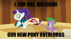 Size: 629x345 | Tagged: safe, edit, edited screencap, screencap, character:rarity, character:spike, species:dragon, episode:green isn't your color, g4, my little pony: friendship is magic, cucumber, fan, food, i for one welcome our new overlords, image macro, kent brockman, meme, prone, relaxing, seaweed, seaweed wrap, smiling