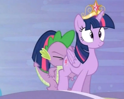 Size: 729x583 | Tagged: safe, edit, screencap, character:spike, character:twilight sparkle, character:twilight sparkle (alicorn), species:alicorn, species:dragon, species:pony, episode:princess twilight sparkle, g4, my little pony: friendship is magic, big crown thingy, cropped, faceful of ass, happy, jewelry, regalia, spike running into twilight's rear