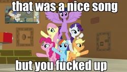 Size: 1920x1090 | Tagged: safe, edit, edited screencap, screencap, character:applejack, character:dave the intern, character:fluttershy, character:pinkie pie, character:rainbow dash, character:rarity, character:twilight sparkle, character:twilight sparkle (alicorn), species:alicorn, species:pony, episode:all bottled up, g4, my little pony: friendship is magic, best friends until the end of time, bipedal, escape room, ginger locks, image macro, mane six, manehattan escapes, meme, now you fucked up, pyramid, vulgar