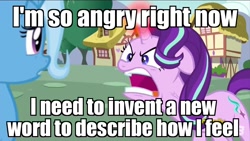 Size: 1280x720 | Tagged: safe, edit, edited screencap, screencap, character:starlight glimmer, character:trixie, species:pony, species:unicorn, episode:all bottled up, g4, my little pony: friendship is magic, angry, female, glowing horn, image macro, mare, meme, ragelight glimmer, vein bulge