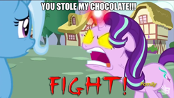 Size: 1280x720 | Tagged: safe, edit, edited screencap, screencap, character:starlight glimmer, character:trixie, species:pony, species:unicorn, episode:all bottled up, g4, my little pony: friendship is magic, angry, chocolate, female, fight, food, glowing eyes, glowing horn, image macro, mare, meme, mortal kombat, rage, ragelight glimmer, vein bulge, yellow glowing eyes