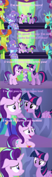 Size: 801x2697 | Tagged: safe, edit, edited screencap, screencap, character:starlight glimmer, character:thorax, character:trixie, character:twilight sparkle, character:twilight sparkle (alicorn), species:alicorn, species:changeling, species:pony, species:reformed changeling, species:unicorn, ship:twistarlight, episode:celestial advice, g4, my little pony: friendship is magic, awkward, c:, comic, confused, eye contact, female, floppy ears, frown, grin, gritted teeth, hug, jewelry, lesbian, looking at each other, male, mare, necklace, open mouth, raised eyebrow, screencap comic, shipping, smiling, that escalated quickly, twilight's castle, uvula, wide eyes