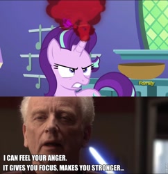 Size: 782x808 | Tagged: safe, edit, edited screencap, screencap, character:starlight glimmer, species:pony, episode:all bottled up, g4, my little pony: friendship is magic, anger magic, crossover, darth sidious, discovery family logo, emperor palpatine, image macro, magic, meme, star wars, text