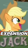 Size: 111x188 | Tagged: safe, edit, edited screencap, screencap, character:applejack, species:pony, episode:celestial advice, g4, my little pony: friendship is magic, caption, cropped, expand dong, exploitable meme, faec, female, happy, image macro, mare, meme, picture for breezies, solo
