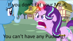 Size: 2560x1440 | Tagged: safe, edit, edited screencap, screencap, character:starlight glimmer, character:trixie, species:pony, species:unicorn, episode:all bottled up, g4, my little pony: friendship is magic, angry, female, food, image macro, mare, meat, meme, pink floyd, pudding, ragelight glimmer, song reference, the wall, vein bulge