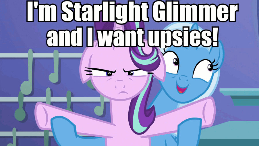 Size: 902x508 | Tagged: safe, edit, edited screencap, screencap, character:starlight glimmer, character:trixie, species:pony, species:unicorn, episode:all bottled up, g4, my little pony: friendship is magic, animated, cute, diatrixes, duo, female, floppy ears, frown, gif, glare, hoof hold, image macro, inconvenient trixie, looking at you, loop, mare, meme, open mouth, personal space invasion, smiling, spread arms, starlight is not amused, trixie's puppeteering, unamused, upsies