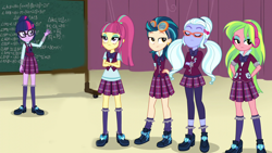Size: 1280x720 | Tagged: safe, edit, edited screencap, screencap, character:indigo zap, character:lemon zest, character:sour sweet, character:sugarcoat, character:twilight sparkle, character:twilight sparkle (scitwi), species:eqg human, equestria girls:friendship games, g4, my little pony: equestria girls, my little pony:equestria girls, chalkboard, clothing, crossed arms, crystal prep academy uniform, ear piercing, earring, eyes closed, freckles, glasses, goggles, hand on butt, hand on hip, headphones, jewelry, magic capture device, piercing, school uniform, shoes, socks