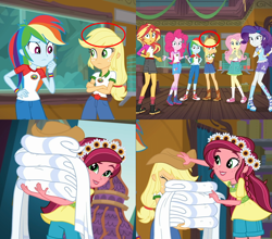 Size: 1640x1440 | Tagged: safe, edit, edited screencap, screencap, character:applejack, character:fluttershy, character:gloriosa daisy, character:pinkie pie, character:rainbow dash, character:rarity, character:sunset shimmer, character:twilight sparkle, equestria girls:legend of everfree, g4, my little pony: equestria girls, my little pony:equestria girls, animation error, applejack's hat, ass, balloon, boots, bracelet, camp everfree logo, camp everfree outfits, clothing, converse, cowboy boots, cowboy hat, crossed arms, cup, error, fail, female, flower, flower in hair, freckles, geode of fauna, geode of shielding, geode of sugar bombs, geode of super speed, geode of super strength, hand on hip, hat, heart, humane five, jewelry, magical geodes, mane six, paper towels, raised leg, rear view, shoes, shorts, sneakers, socks, towel, wristband