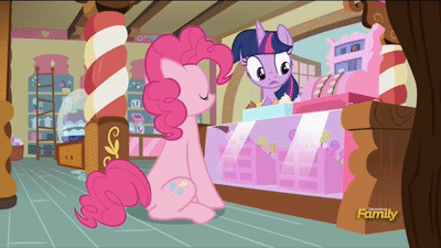 Size: 400x225 | Tagged: safe, edit, edited screencap, screencap, character:pinkie pie, character:twilight sparkle, character:twilight sparkle (alicorn), species:alicorn, species:pony, episode:a flurry of emotions, g4, my little pony: friendship is magic, abandon thread, animated, brb, discovery family logo, gif, image macro, meme, reaction image