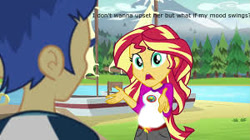 Size: 300x168 | Tagged: safe, edit, edited screencap, screencap, character:flash sentry, character:sunset shimmer, comic:a new change, ship:flashimmer, equestria girls:legend of everfree, g4, my little pony: equestria girls, my little pony:equestria girls, camp everfree outfits, clothing, female, male, mountain, picture for breezies, pregnant, pregnant edit, river, sailboat, shipping, shorts, straight, sun, tree
